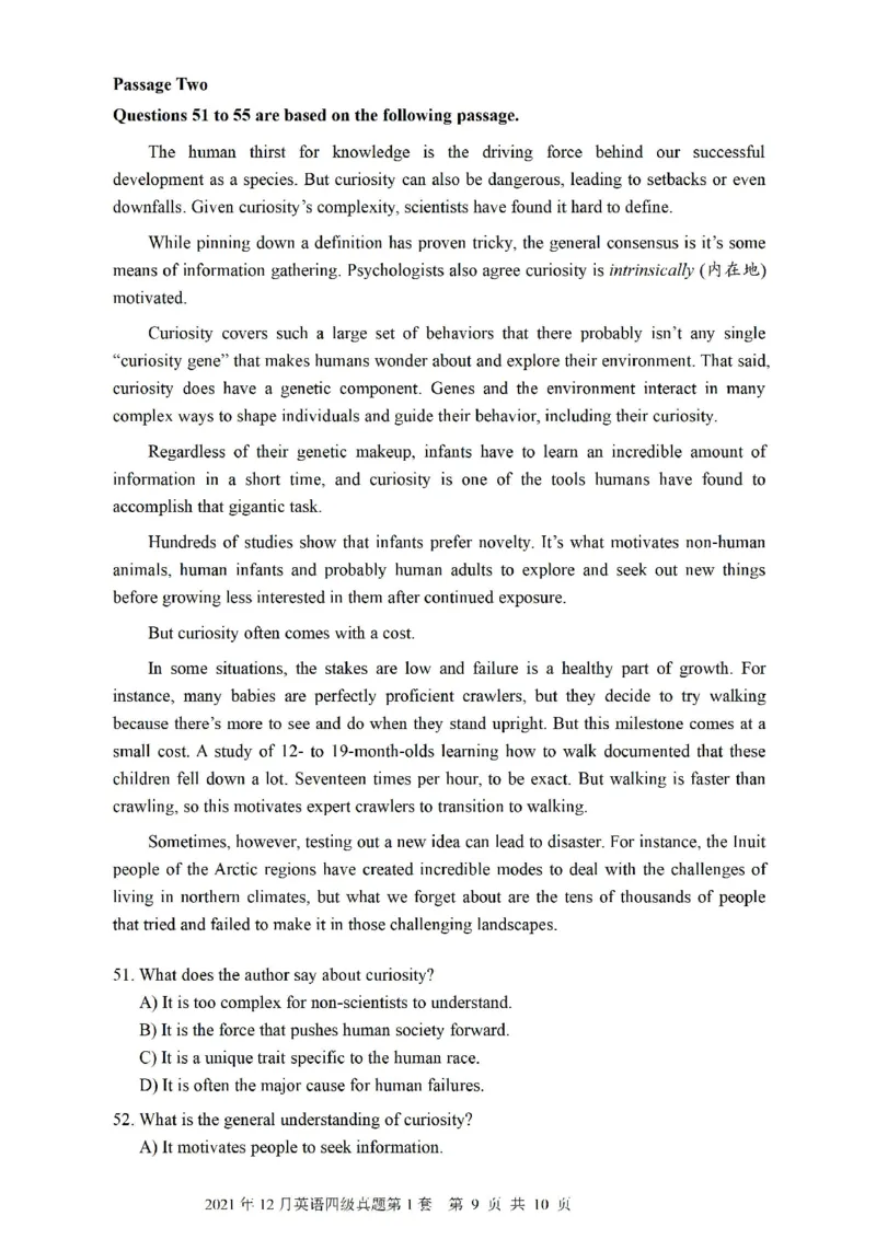 2021.12四级真题第1套可复制可搜索，打印首选_大学英语四级+六级_四级真题_四级真题_2021年12月CET4题+解+音频_01、真题PDF版（推荐打印）❤