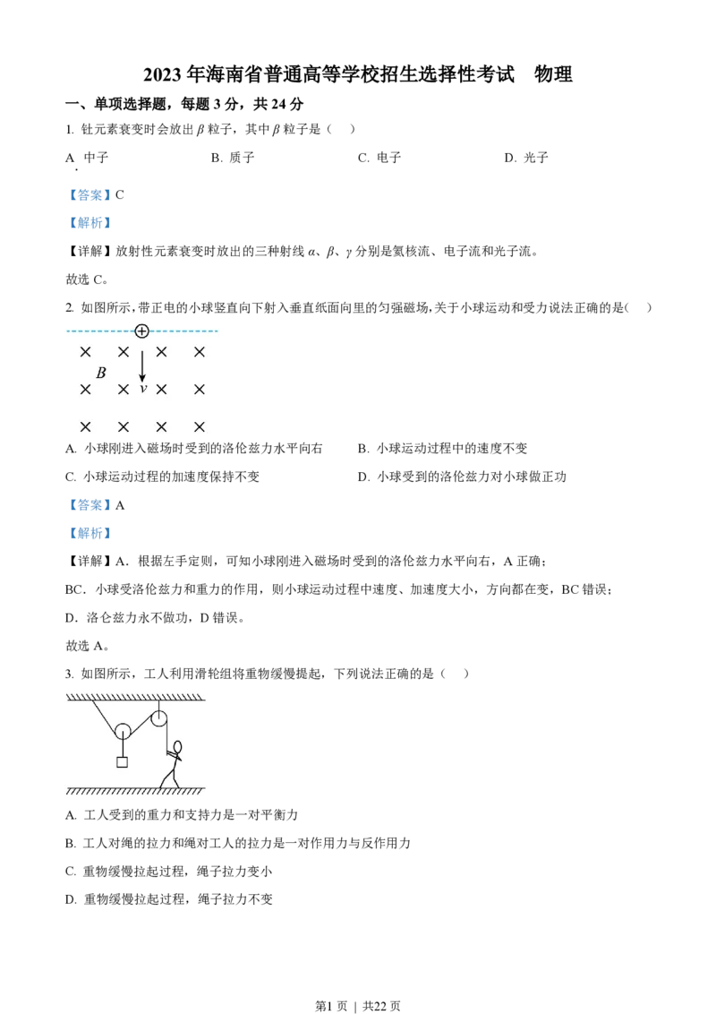 2023年高考物理试卷（海南）（解析卷）_物理历年高考真题_新&middot;PDF版2008-2025&middot;高考物理真题_物理（按省份分类）2008-2025_2008-2025&middot;（海南）物理高考真题