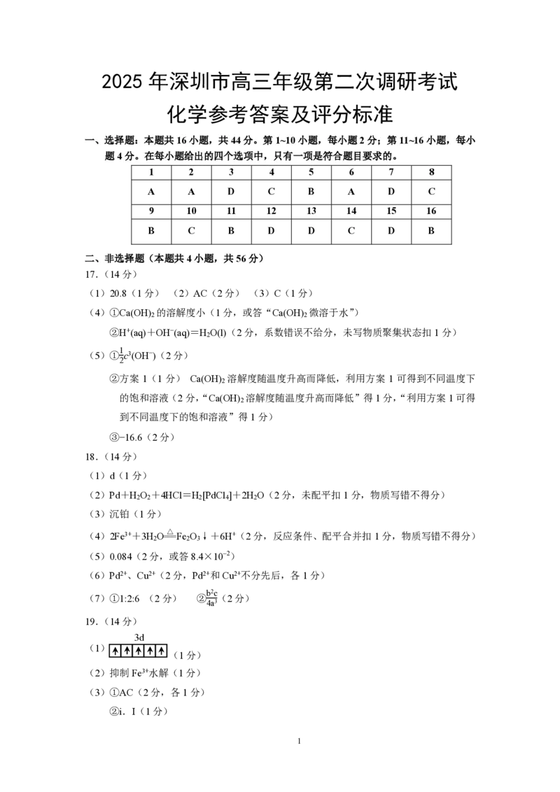 2025年4月深圳市高三二模化学试卷答案_@高三模考真题_2025年4月深圳市高三二模试卷及答案
