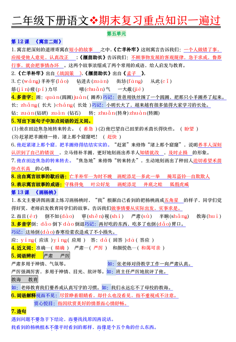 6.8期末复习重点知识一遍过二下语文_二年级上下册资料_二年级下册小红书同款资料_二下语文_二下语文