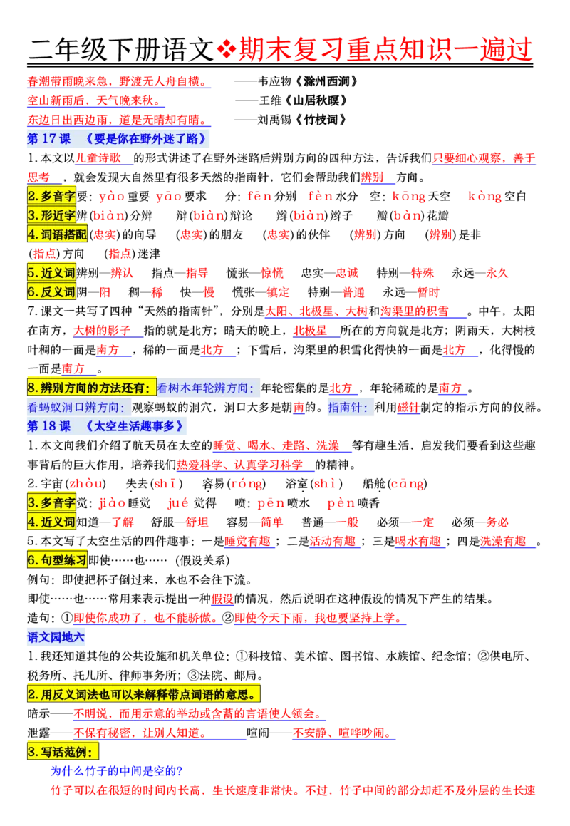 6.8期末复习重点知识一遍过二下语文_二年级上下册资料_二年级下册小红书同款资料_二下语文_二下语文