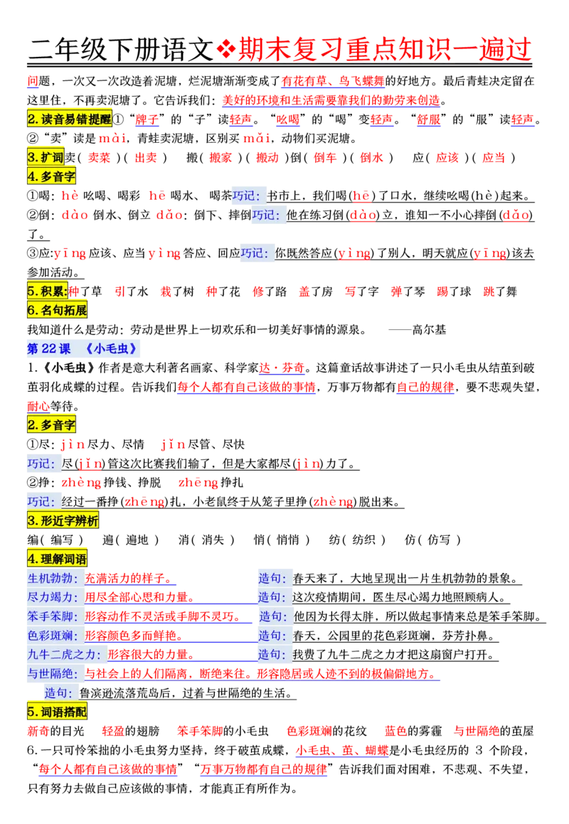 6.8期末复习重点知识一遍过二下语文_二年级上下册资料_二年级下册小红书同款资料_二下语文_二下语文