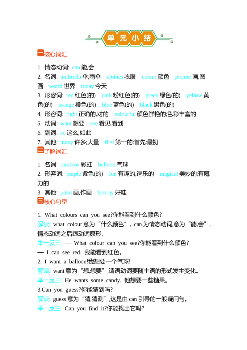 Unit3It'sacolourfulworld单元小结_三年级上下册资料_三年级上语数英上下册学习资料_3-8-5、小学三年级英语上册_外研版三起点_1、知识点总结