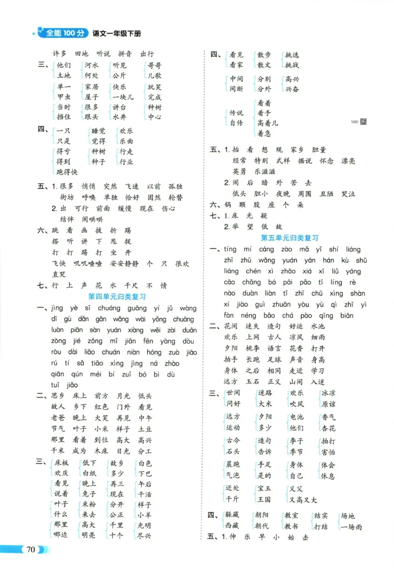 《全能100分》单元归类复习-语文1年级下册（RJ）_一年级上下册资料_小学一年级学习资料-25年更新版_1-02、小学一年级语文下册_3-6-2-2、练习题、作业、专项、试卷_部编（人教）版_电子册类