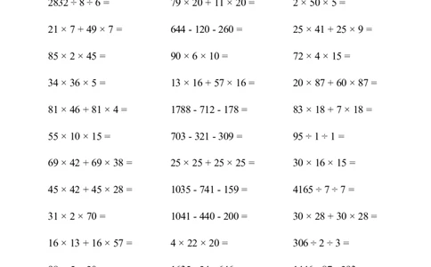 ▲口算题（运算定律）连打版_小学数学口算计算速算练习1（1-6）题目类型全_四年级_口算4年级下册11500题_4下口算题（运算定律）3000题