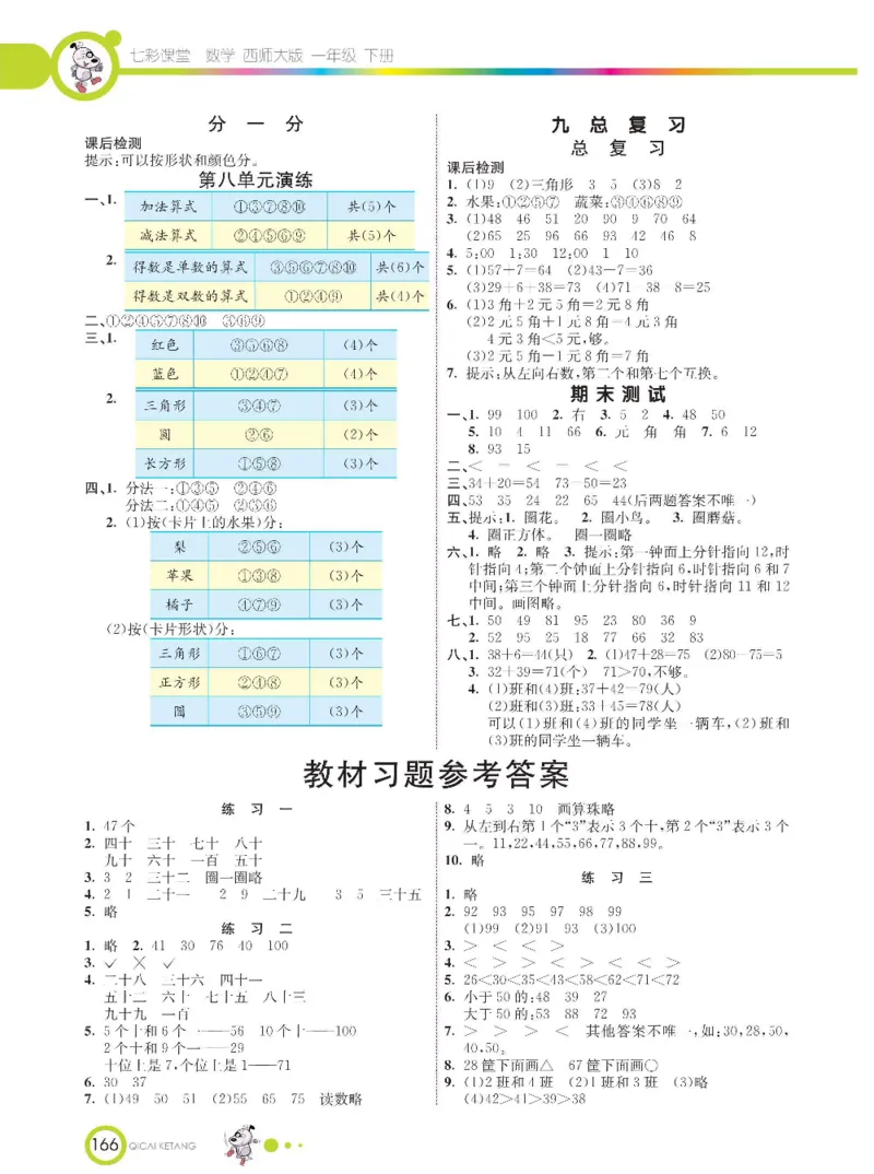 《七彩课堂》数学1年级下册（XS）_一年级上下册资料_小学一年级学习资料-25年更新版_1-04、小学一年级数学下册_1-4-2、练习题、作业、试题、试卷_西师版_电子册