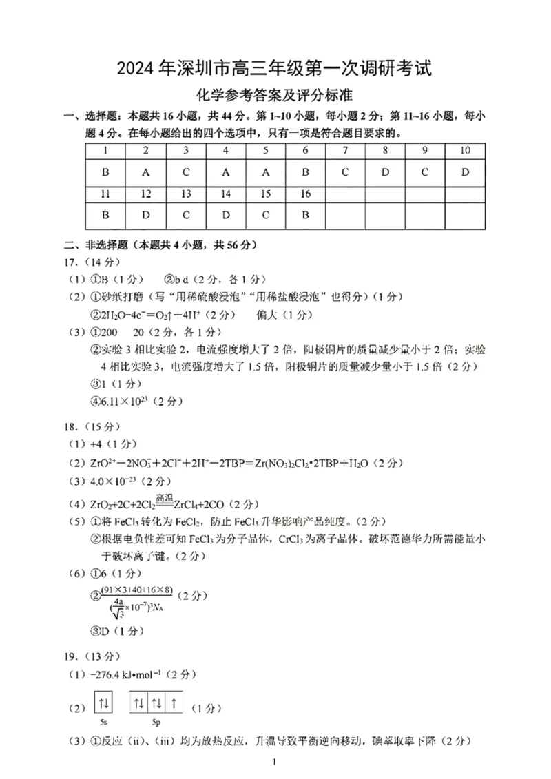 2024年2月深圳市高三一模化学答案_@高三模考真题_2024年2月深圳市高三一模试卷及答案