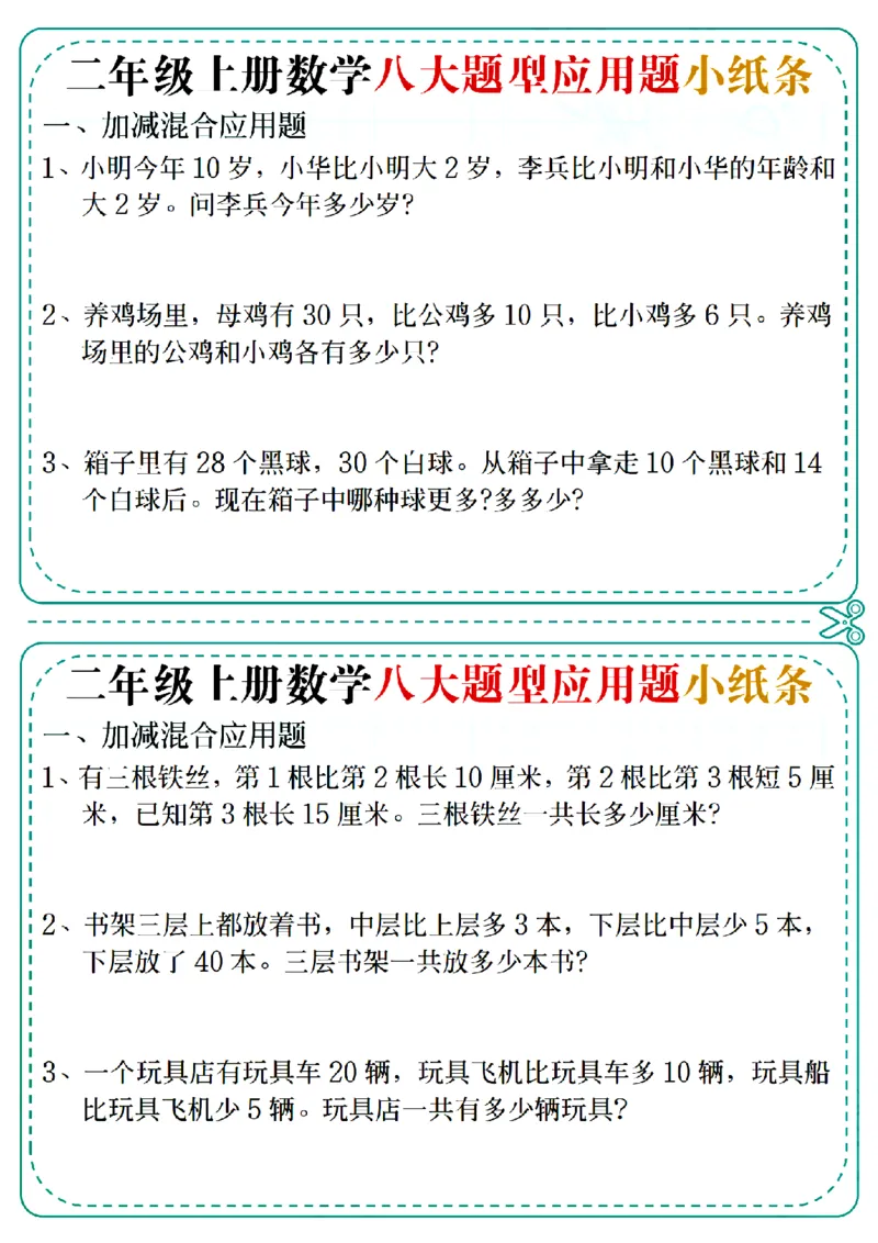 通用版本二上数学八大题型应用题小纸条_二上数学25秋