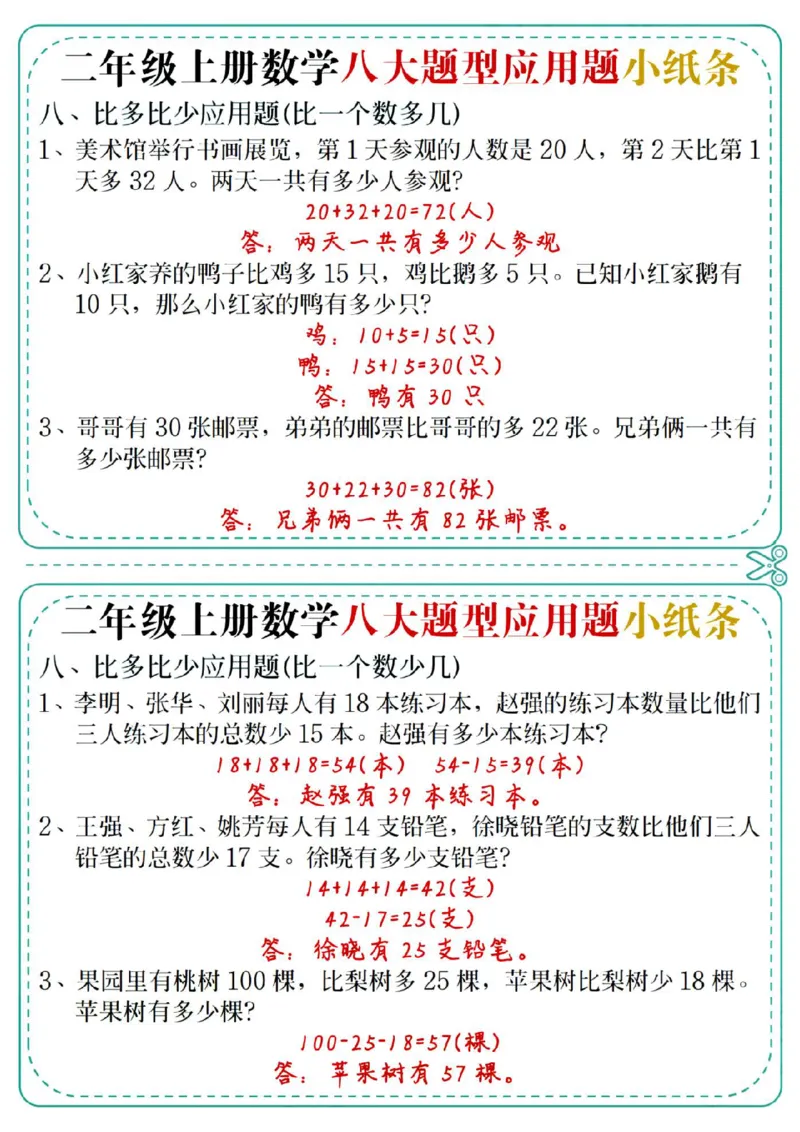 通用版本二上数学八大题型应用题小纸条_二上数学25秋