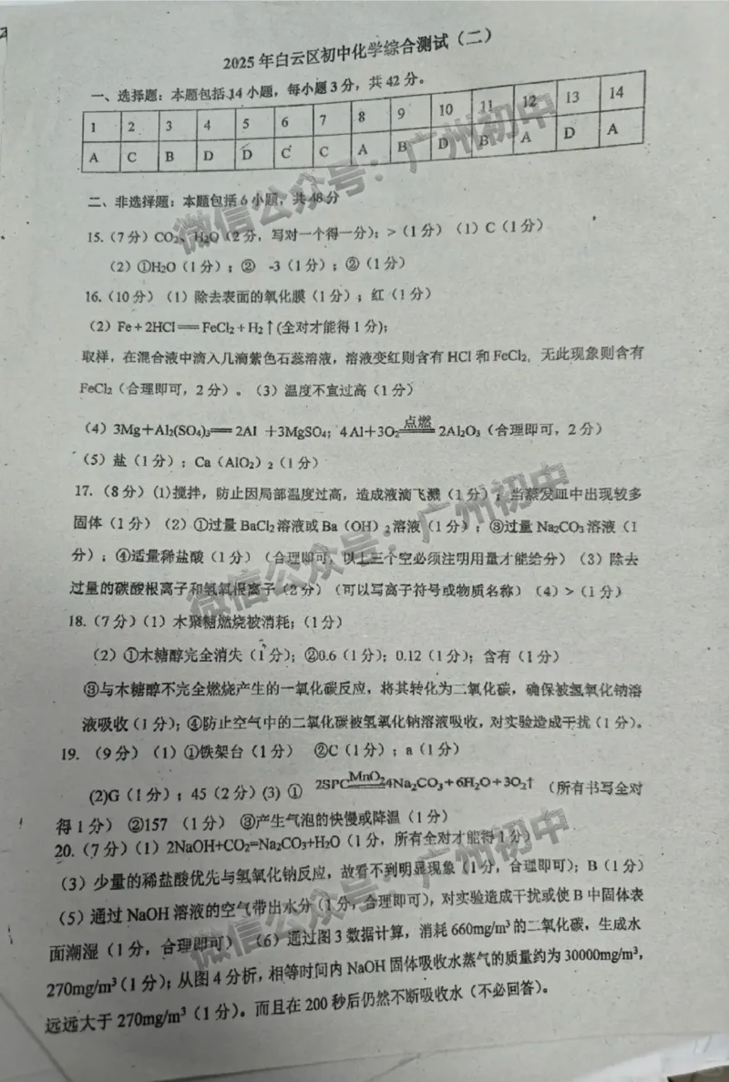 2025白云区中考二模化学试题（参考答案）_广州九上月考+期中+期末+一模二模+中考真题_2025中考二模