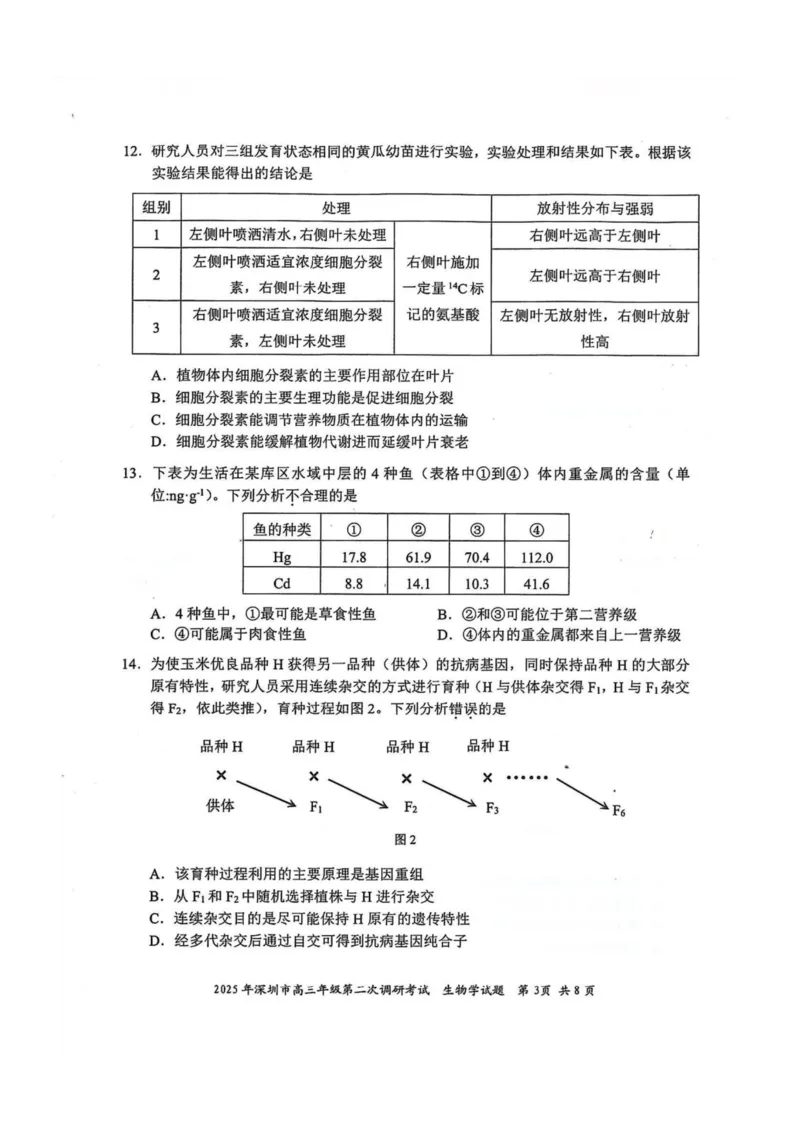 2025年4月深圳市高三二模生物试卷_@高三模考真题_2025年4月深圳市高三二模试卷及答案