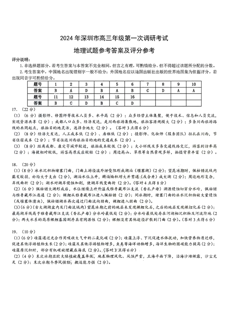 2024年2月深圳市高三一模地理答案_@高三模考真题_2024年2月深圳市高三一模试卷及答案