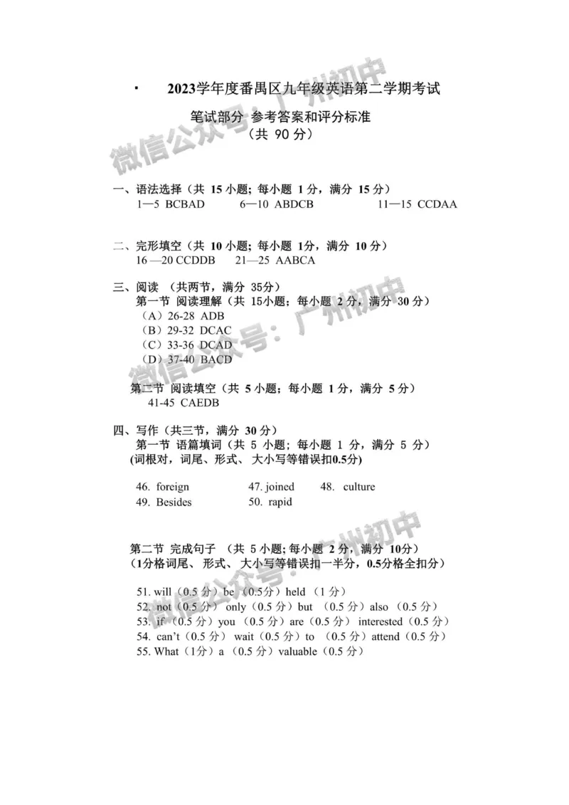 2024番禺区中考一模英语参考答案和评分标准_广州九上月考+期中+期末+一模二模+中考真题_广州2024年中考一模_番禺区