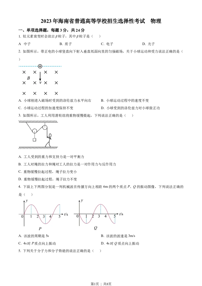 2023年高考物理试卷（海南）（空白卷）_物理历年高考真题_新&middot;Word版2008-2025&middot;高考物理真题_物理（按试卷类型分类）2008-2025_自主命题卷&middot;物理（2008-2025）_海南自主命题&middot;物理（2008-2025）