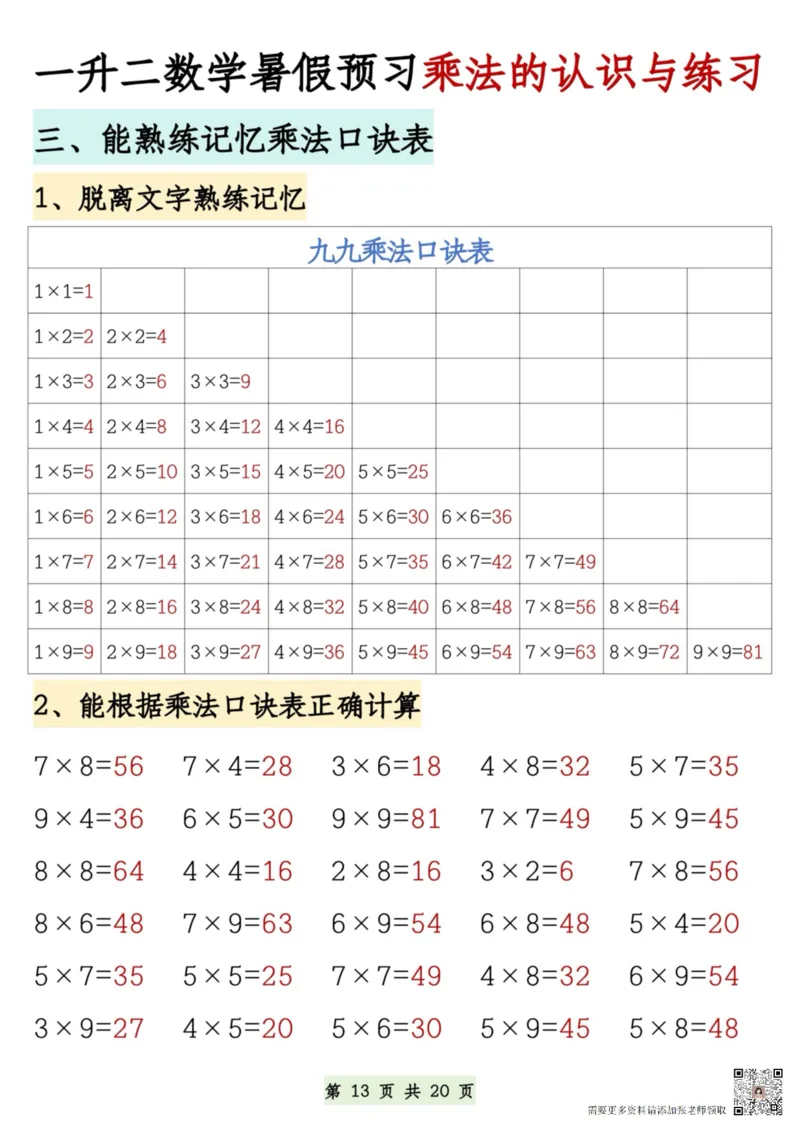 7.9一升二数学暑假预习乘法的认识和练习(1)(1)_二年级上下册资料_二年级上册小红书同款资料_二年级