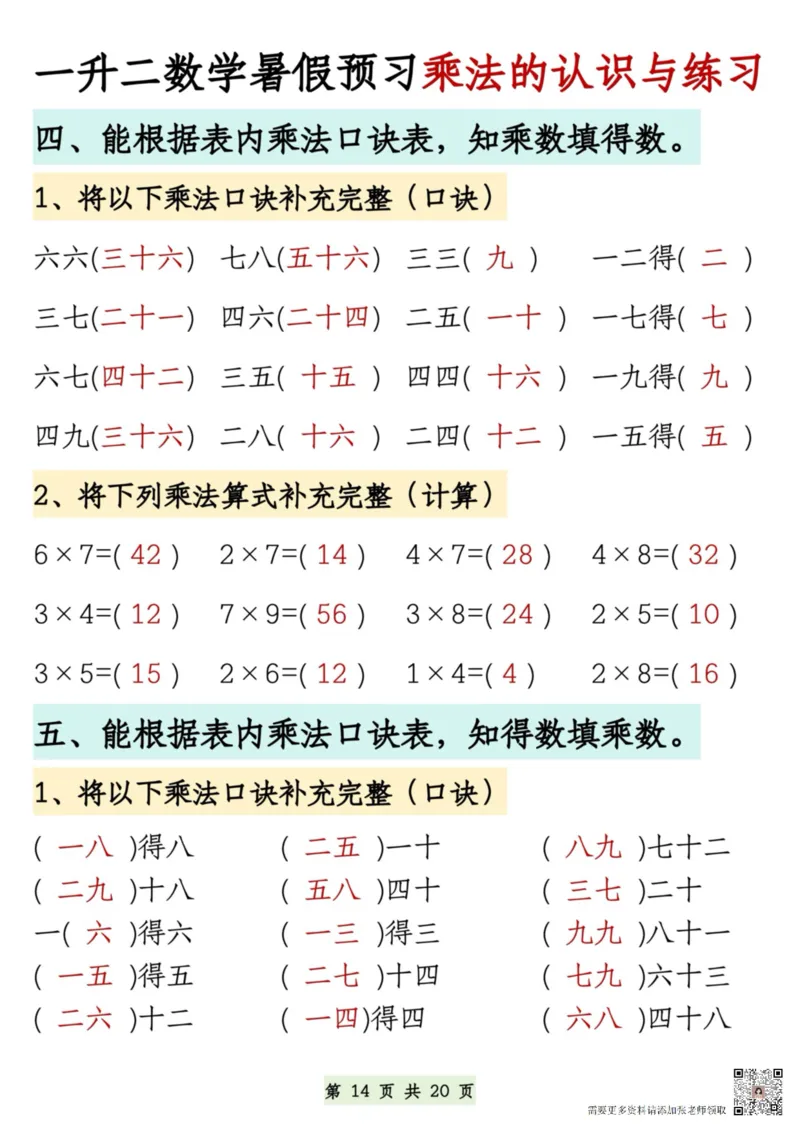 7.9一升二数学暑假预习乘法的认识和练习(1)(1)_二年级上下册资料_二年级上册小红书同款资料_二年级