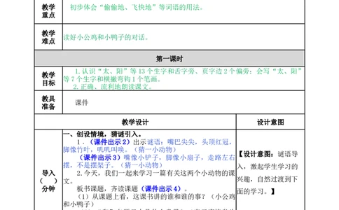 5小公鸡和小鸭子-教案_一年级语文下册（统编版）_老课标资料_教案反思+导学案_表格式_5版表格式教案