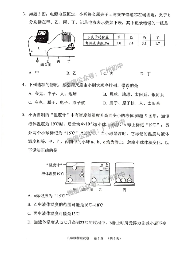 2024荔湾区中考一模物理试题_广州九上月考+期中+期末+一模二模+中考真题_广州2024年中考一模_荔湾区