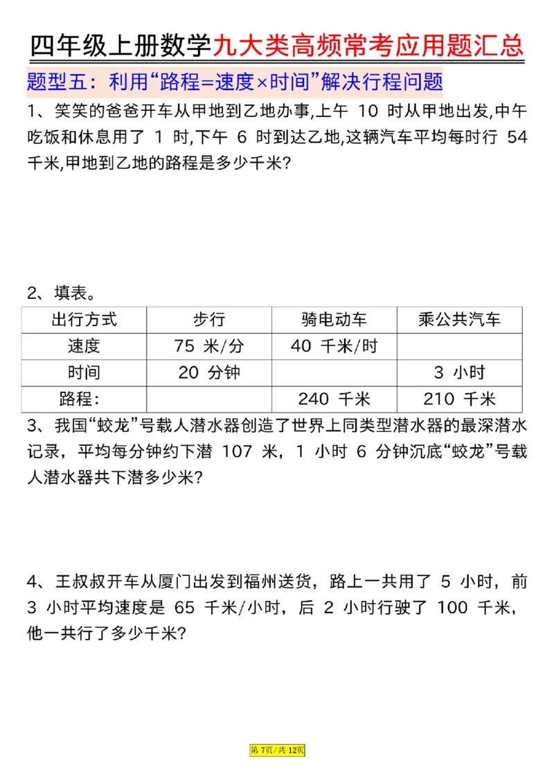 空白版四年级上册数学九大类高频常考应用题汇总_小学全网线上同款资料_14号文件4上5上语文数学课堂笔记_四年级手写笔记_四年级新增知识点(1)