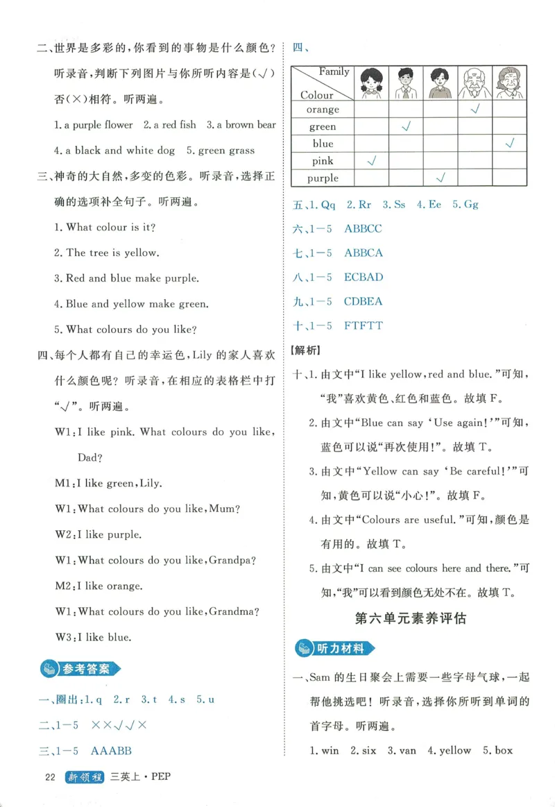 答案精解英语3_《优翼新领程》25秋英语3年级上册（人教PEP）
