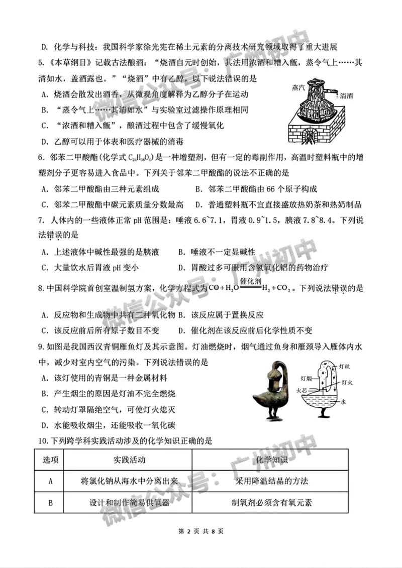 2025黄埔区部分学校联考中考二模化学试题_广州九上月考+期中+期末+一模二模+中考真题_2025中考二模