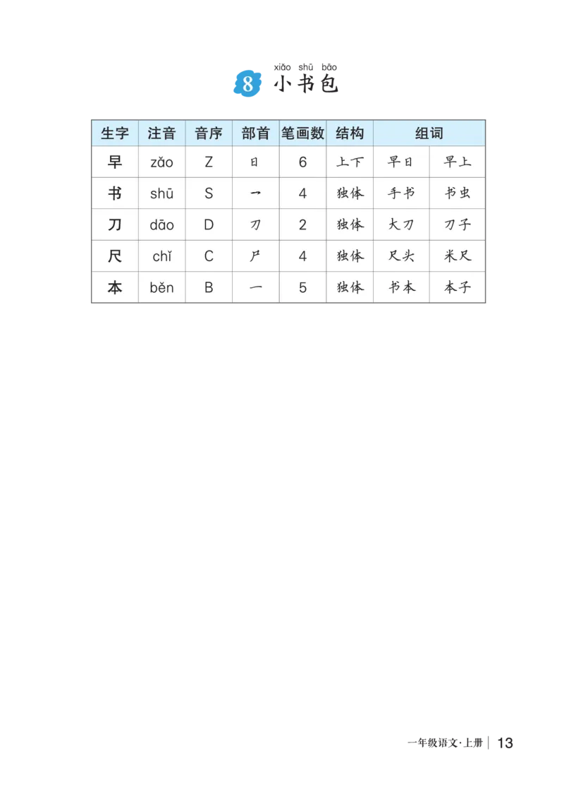 8小书包_一年级语文上册（统编版）_老课标资料_预学案_生字预习单答案