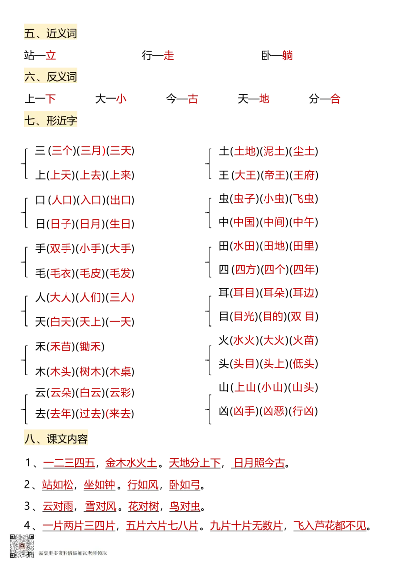 9.26一年级上册语文1-8单元核心考点(1)_一年级上下册资料_一年级上册小红书同款资料_一年级(1)
