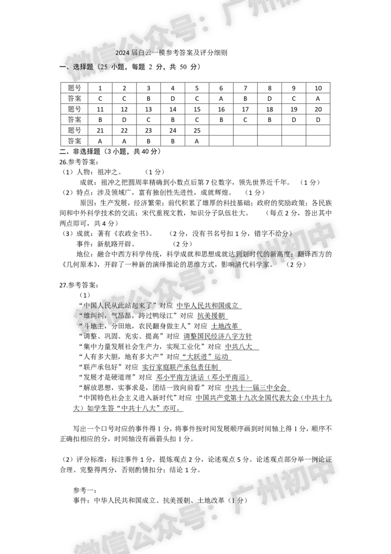 2024白云区中考一模历史试题答案解析_广州九上月考+期中+期末+一模二模+中考真题_广州2024年中考一模_白云区