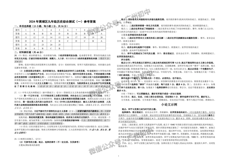 2024黄埔区中考一模历史试题答案解析_广州九上月考+期中+期末+一模二模+中考真题_广州2024年中考一模_黄埔区