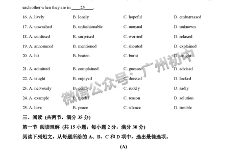 2025南沙区中考一模英语试题_广州九上月考+期中+期末+一模二模+中考真题_广州2025年中考一模_2025年11区中考一模_南沙区