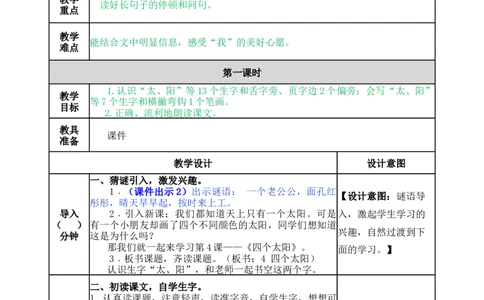 4四个太阳-教案_一年级语文下册（统编版）_老课标资料_教案反思+导学案_表格式_5版表格式教案