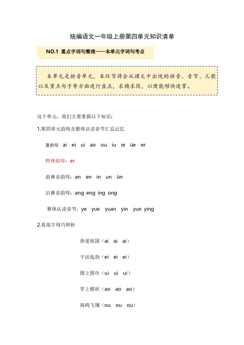 第四单元（知识清单）-（统编版&middot;2024）_一年级语文上册（统编版）_单元知识复习专项_2025版