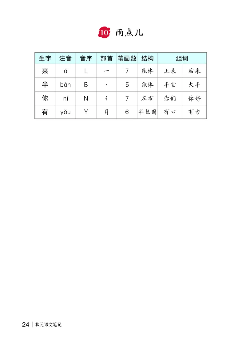 10雨点儿_一年级语文上册（统编版）_全套教学资源_课件教案等等_2.状元语文笔记（生字预习单&middot;教用）