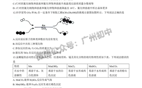 2024增城区中考一模化学试题_广州九上月考+期中+期末+一模二模+中考真题_广州2024年中考一模_增城区