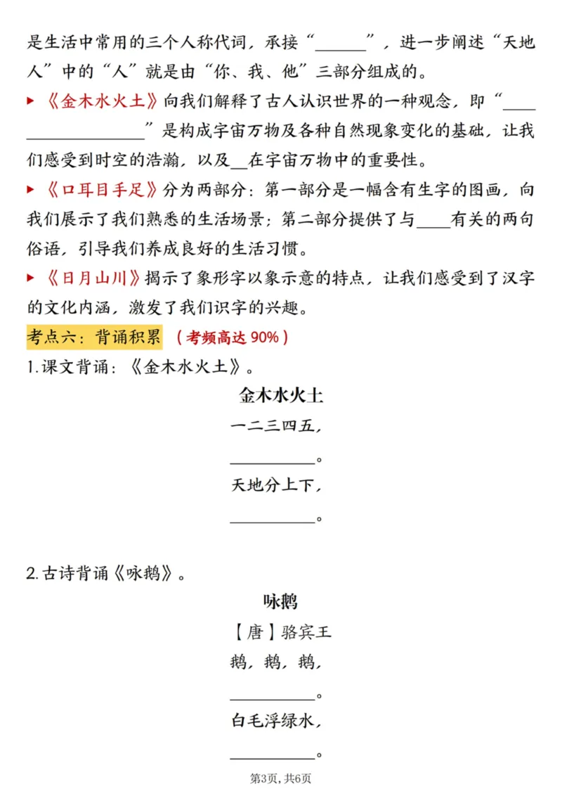 _新版一年级上册语文第一单元高频考点梳理_一到六小学晨读晚默晨诵晚读_24秋一年级上册各类资料(小纸条知识点默写单)