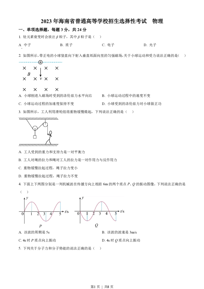 2023年高考物理试卷（海南）（空白卷）_物理历年高考真题_新&middot;PDF版2008-2025&middot;高考物理真题_物理（按试卷类型分类）2008-2025_自主命题卷&middot;物理（2008-2025）_海南自主命题&middot;物理（2008-2025）