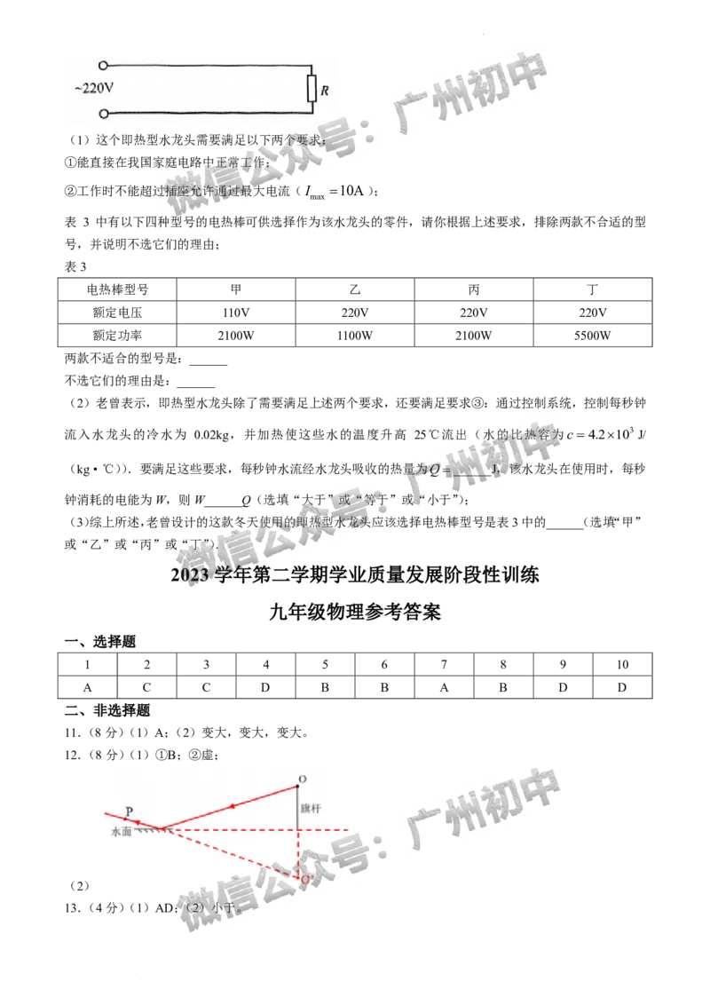 2024越秀区中考一模物理试题答案解析_广州九上月考+期中+期末+一模二模+中考真题_广州2024年中考一模_越秀区