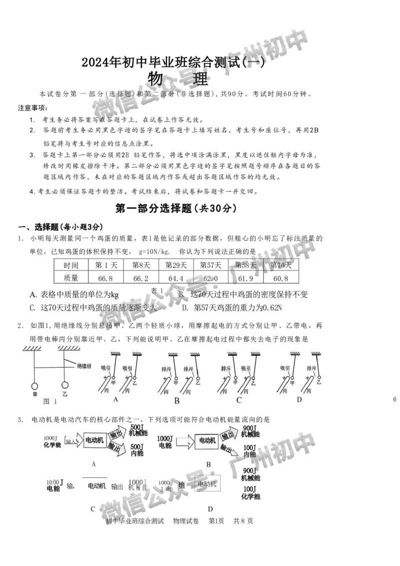 2024黄埔区中考一模物理试题_广州九上月考+期中+期末+一模二模+中考真题_广州2024年中考一模_黄埔区