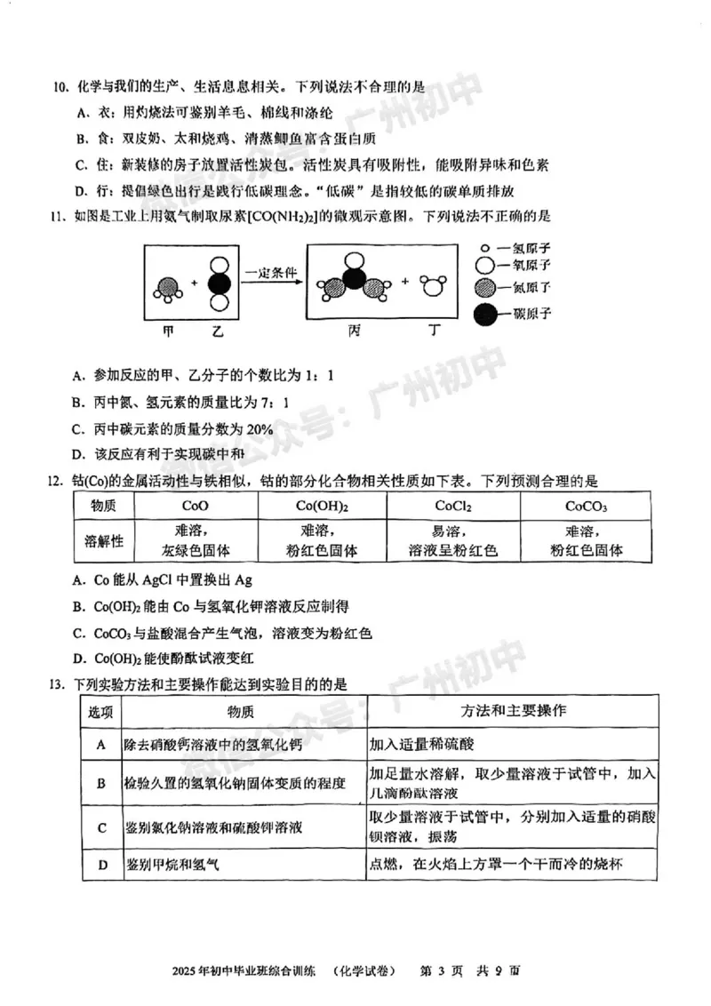 2025白云区中考一模化学试题_广州九上月考+期中+期末+一模二模+中考真题_广州2025年中考一模_2025年11区中考一模_白云区