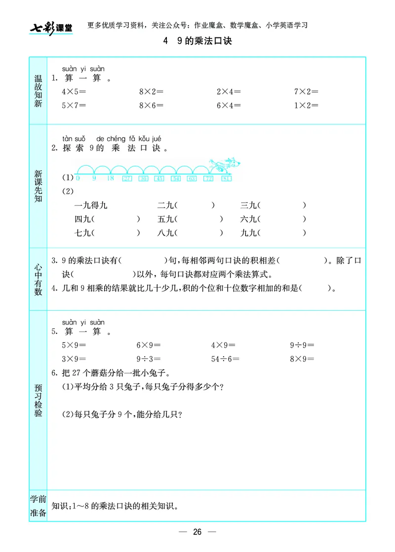 《七彩课堂》预习卡-数学2年级上册（SJ）_二年级上下册资料_小学二年级学习资料-25年更新版_2-03、小学二年级数学上册_2-3-2、练习题、作业、试题、试卷_苏教版_电子册类