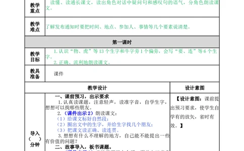 17动物王国开大会-教案_一年级语文下册（统编版）_老课标资料_教案反思+导学案_表格式_5版表格式教案