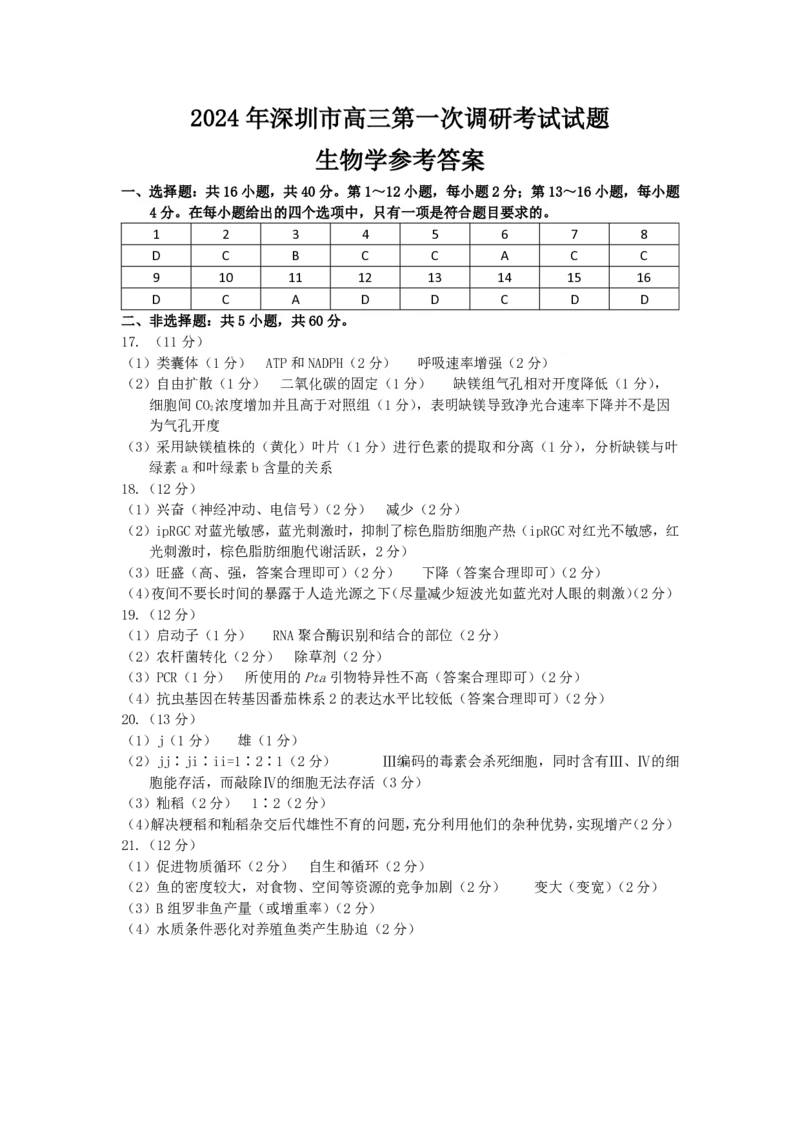 2024年2月深圳市高三一模生物答案_@高三模考真题_2024年2月深圳市高三一模试卷及答案