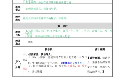 10端午粽-教案_一年级语文下册（统编版）_老课标资料_教案反思+导学案_表格式_5版表格式教案