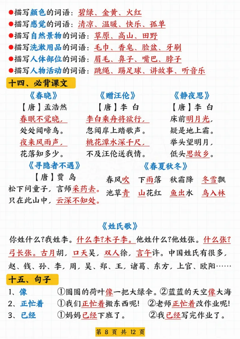 414一年级语文下册期中高频考点知识汇总_一年级上下册资料_一年级下册小红书同款资料_一下语文_一年级下册免费资料库_一年级下册免费资料库