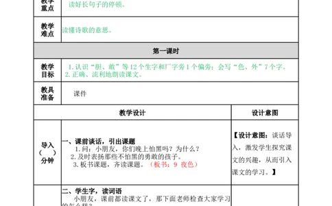 9夜色-教案_一年级语文下册（统编版）_老课标资料_教案反思+导学案_表格式_5版表格式教案
