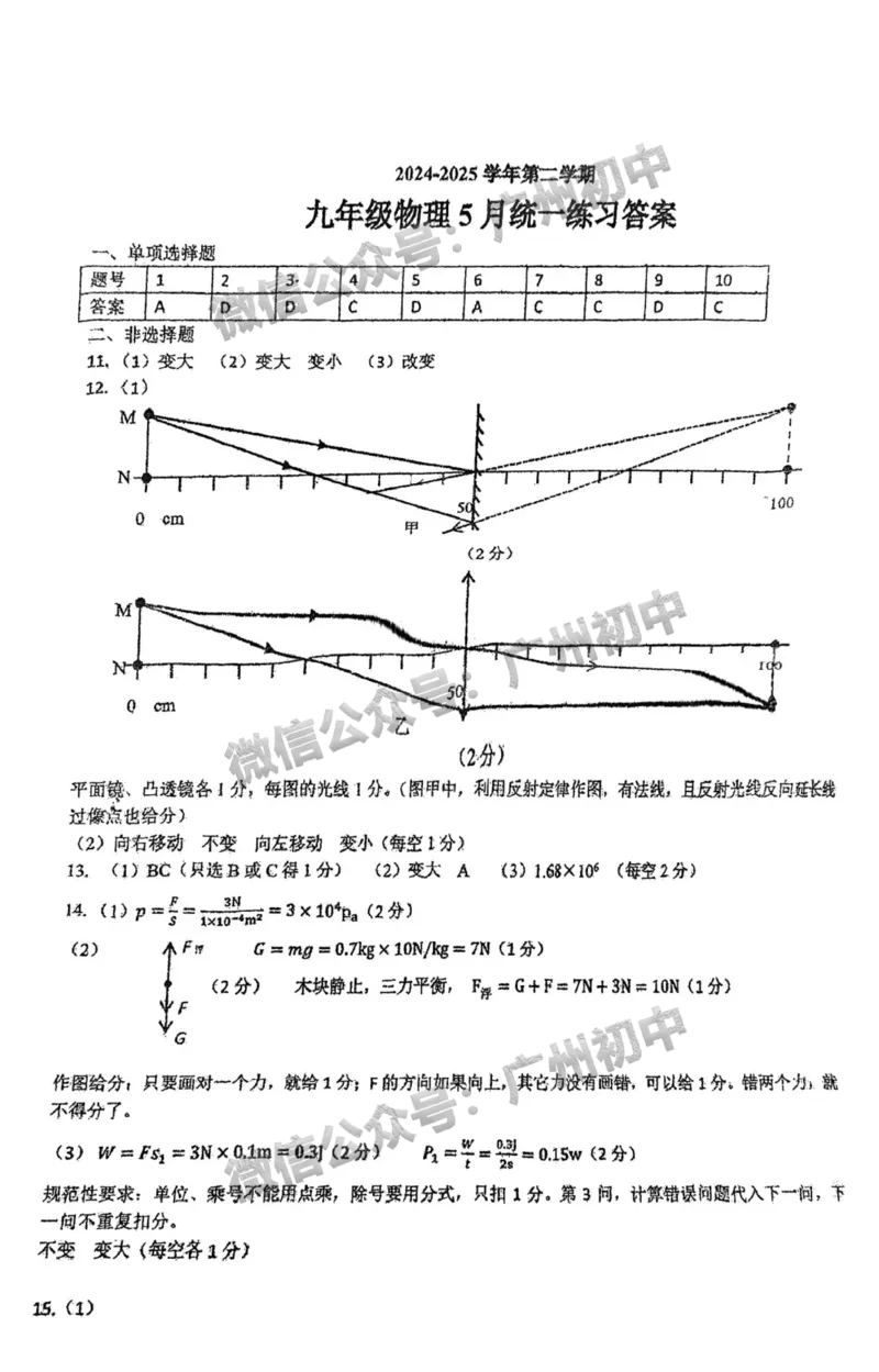 2025广东广雅中学中考二模物理试题（参考答案）_广州九上月考+期中+期末+一模二模+中考真题_2025中考二模