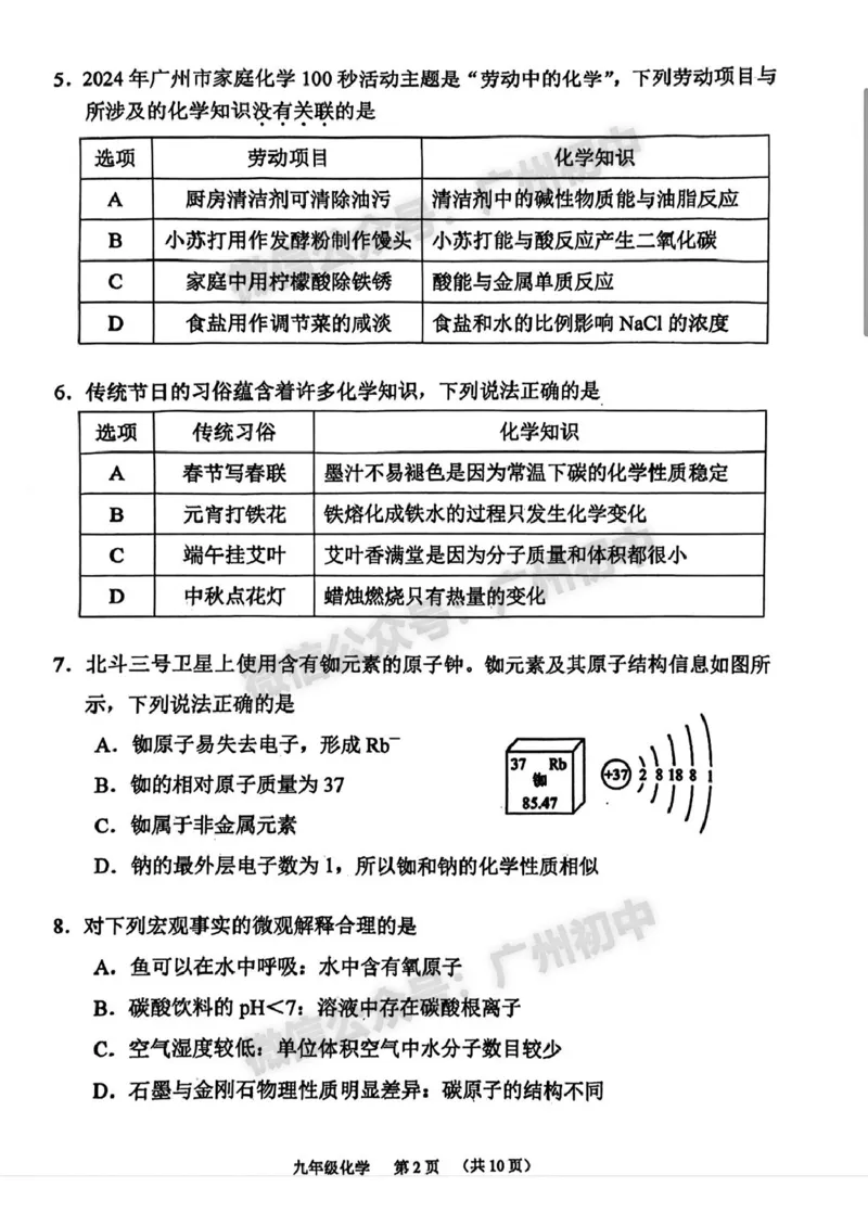 2025海珠区中考一模化学试题_广州九上月考+期中+期末+一模二模+中考真题_广州2025年中考一模_2025年11区中考一模_海珠区