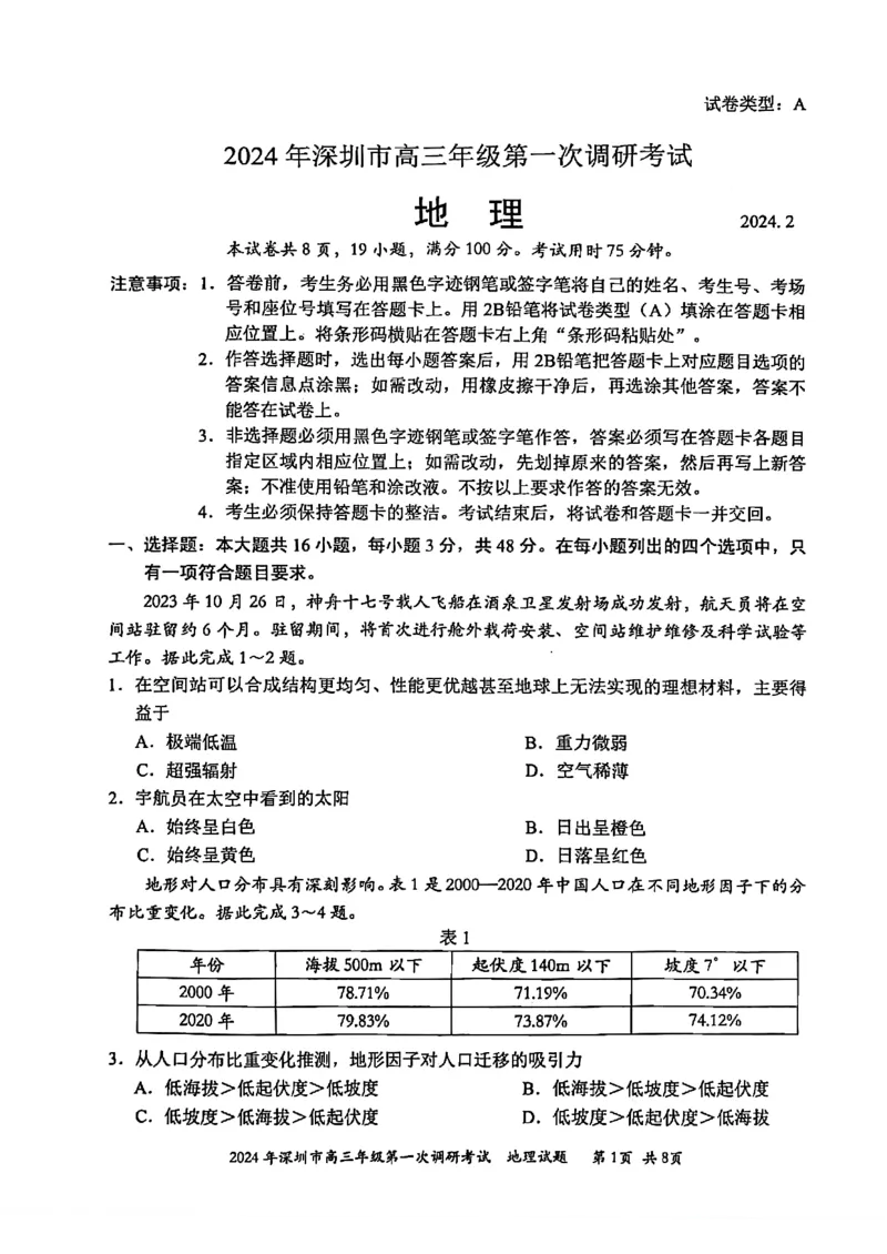 2024年2月深圳市高三一模地理试卷_@高三模考真题_2024年2月深圳市高三一模试卷及答案