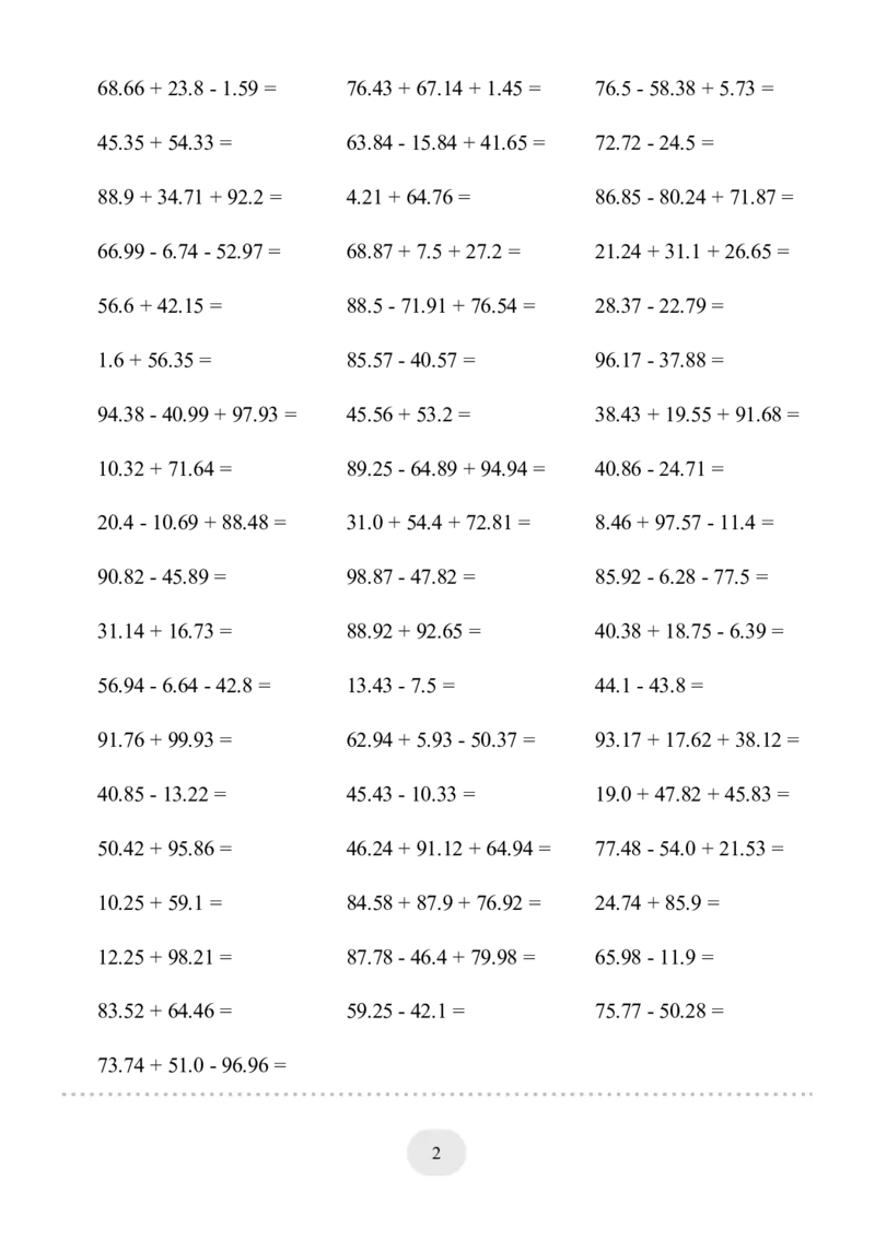 ▲口算题（小数的加减法）连打版_小学数学口算计算速算练习1（1-6）题目类型全_四年级_口算4年级下册11500题_4下口算题（小数的加减法）3000题