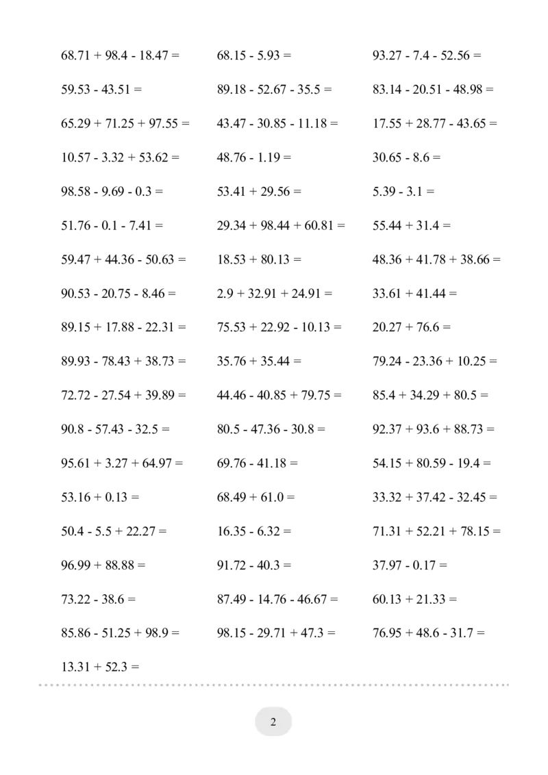 ▲口算题（小数的加减法）连打版_小学数学口算计算速算练习1（1-6）题目类型全_四年级_口算4年级下册11500题_4下口算题（小数的加减法）3000题